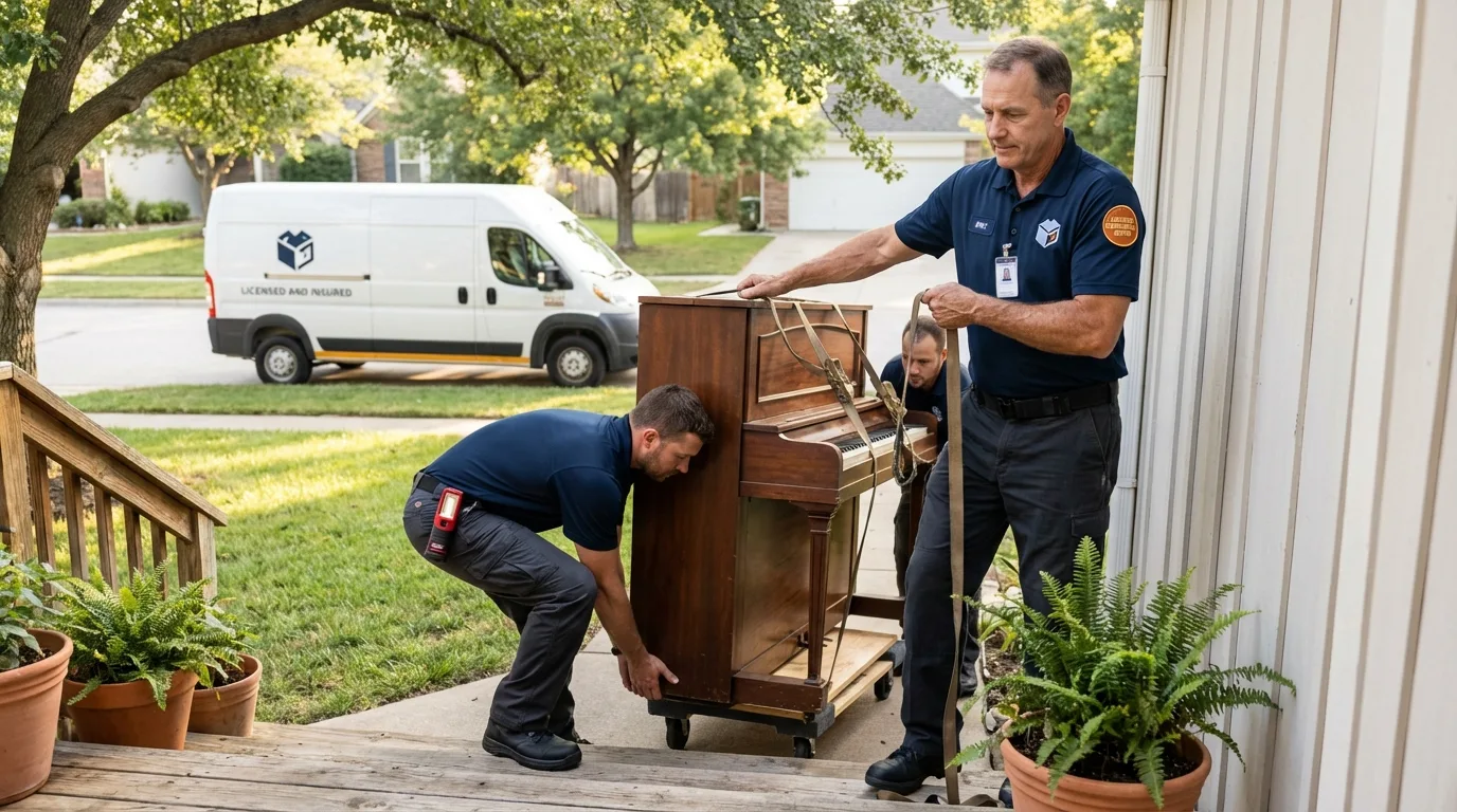 Licensed piano movers securing grand piano in Wessington Springs, SD