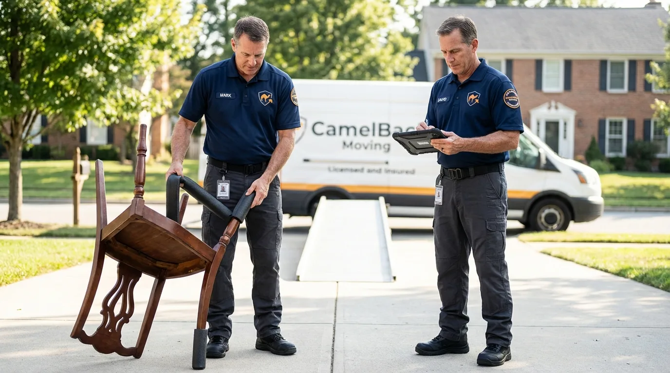 Movers inspecting furniture for damage prevention before loading in Wessington Springs, SD