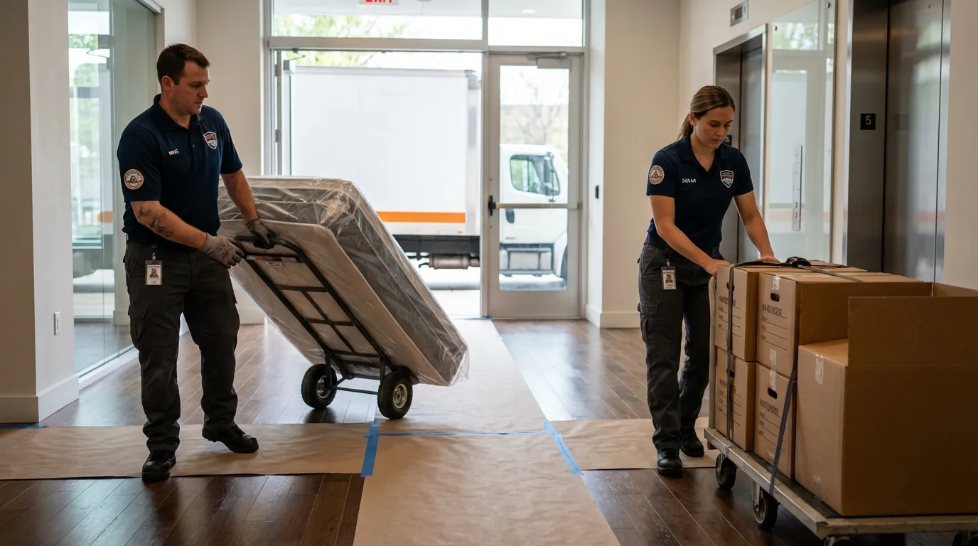 Professional apartment movers loading elevator in Wessington Springs, SD