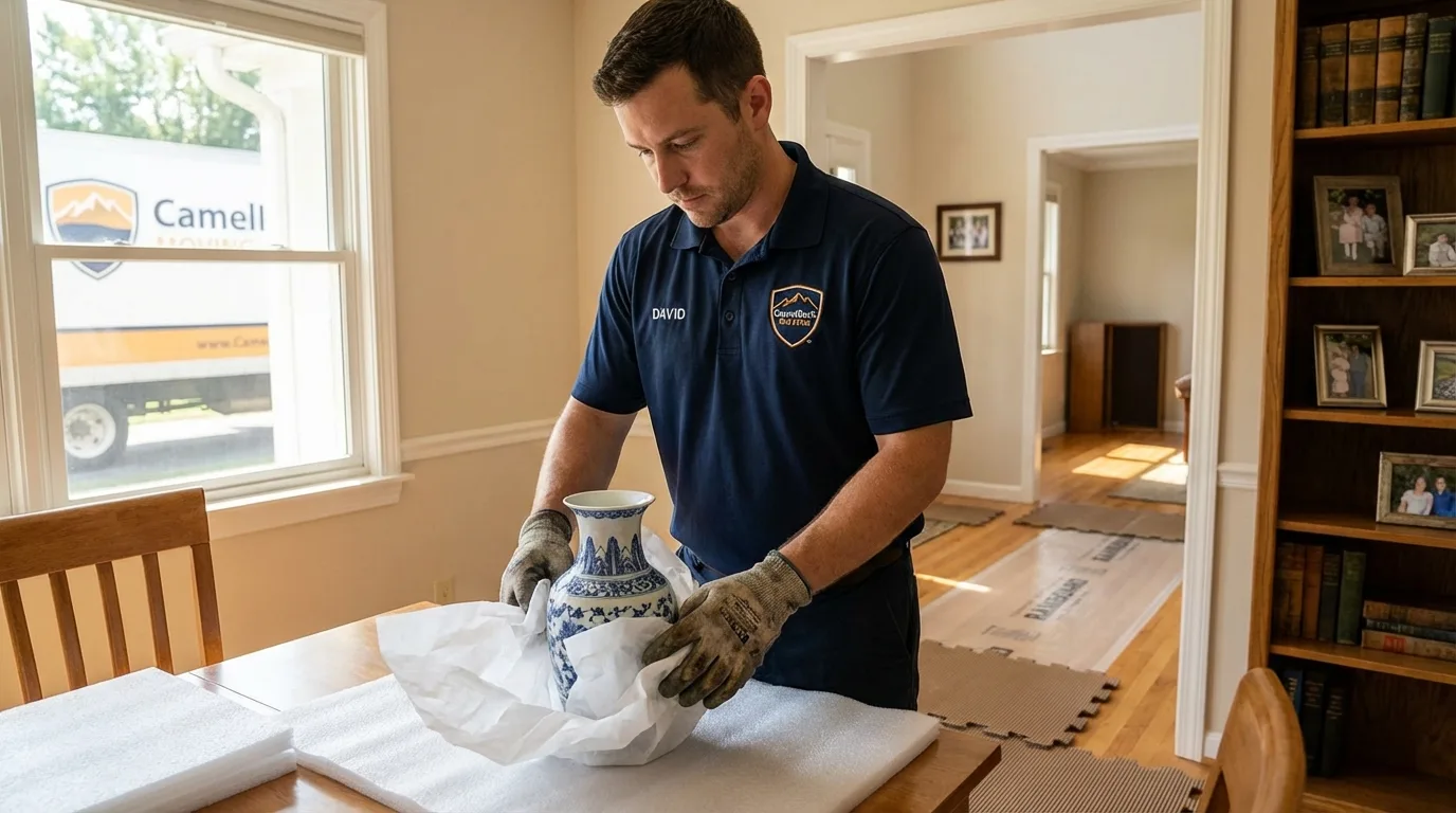 Professional crew carefully wrapping antique vase for senior downsizing move in Wessington Springs, SD
